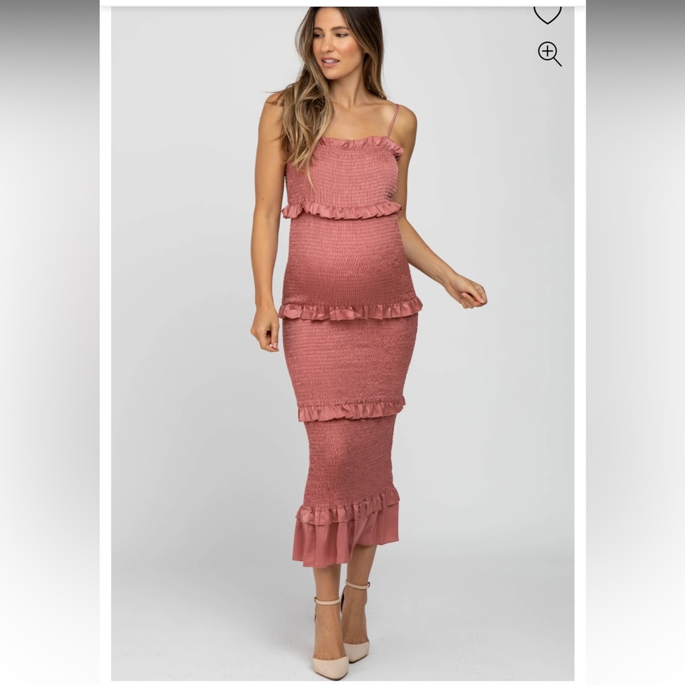 PinkBlush Mauve Satin Smocked Fitted Maternity Midi Dress - Size M, Brand New